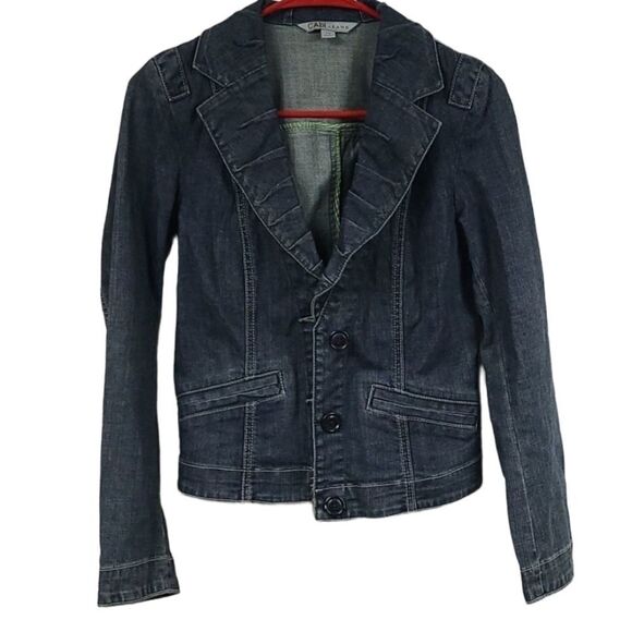 CAbi Vintage Lucy Jean Jacket #860 Indigo Blue Stretch Denim Fitted Pleat Collar - Picture 1 of 9